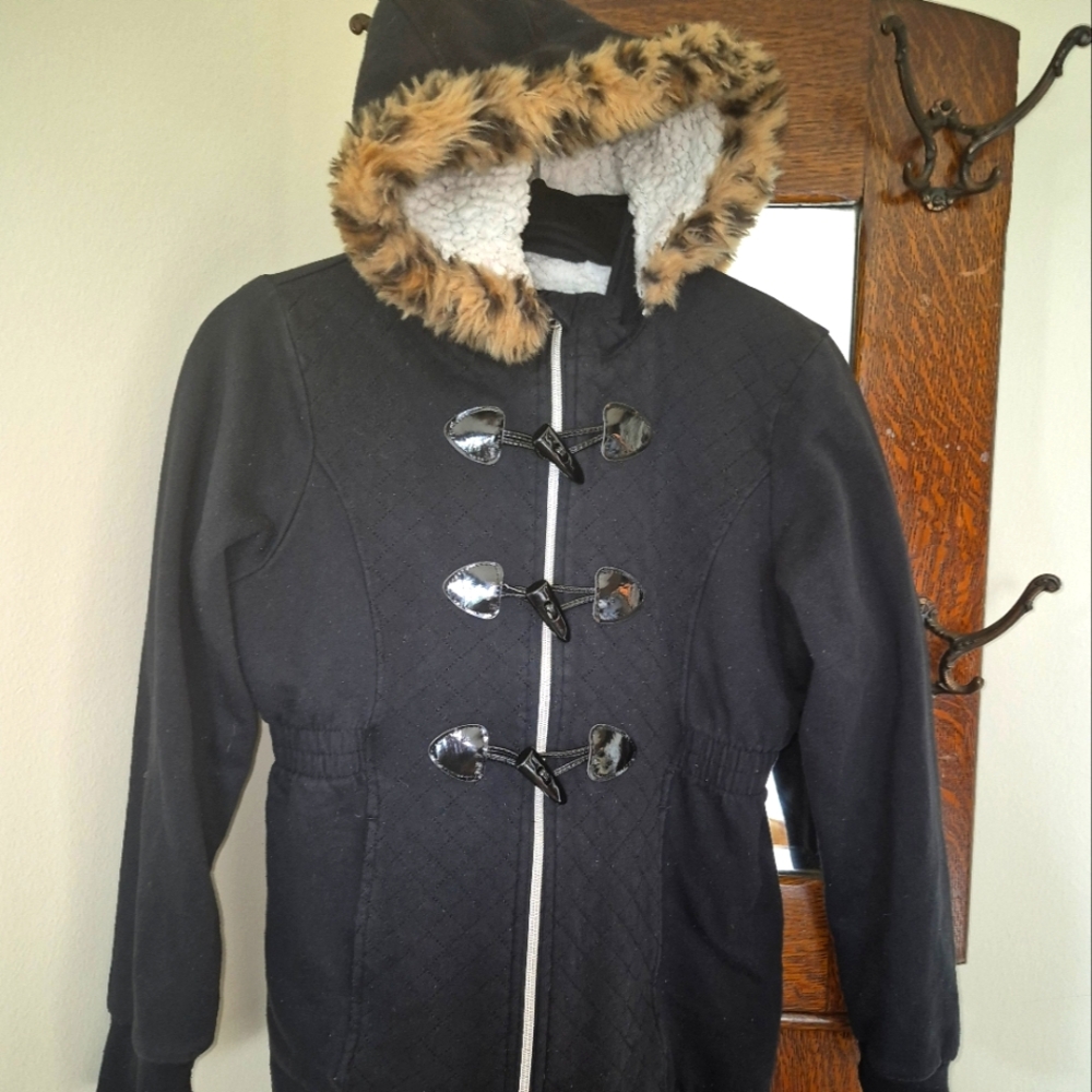 Limited Too girls winter coat. Black with leopard pattern hood